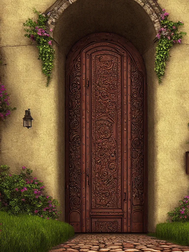 Prompt: HD digital art detailed old copper castle door entrance with flowers and a cobblestone large path outside by James Gurney and Asher brown durand, cgsociety, artstation