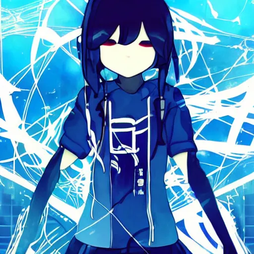 Image similar to Frequency indie album cover, luxury advertisement, blue filter, blue and black colors. Clean and detailed post-cyberpunk sci-fi close-up schoolgirl in asian city in style of cytus and deemo, blue flame, relaxing, calm and mysterious vibes, by Tsutomu Nihei, by Yoshitoshi ABe, by Ilya Kuvshinov, by Greg Tocchini, nier:automata, set in half-life 2, Matrix, GITS, Blade Runner, Neotokyo Source, Syndicate(2012), dynamic composition, beautiful with eerie vibes, very inspirational, very stylish, with gradients, surrealistic, dystopia, postapocalyptic vibes, depth of field, mist, rich cinematic atmosphere, perfect digital art, mystical journey in strange world, beautiful dramatic dark moody tones and studio lighting, shadows, bastion game, arthouse