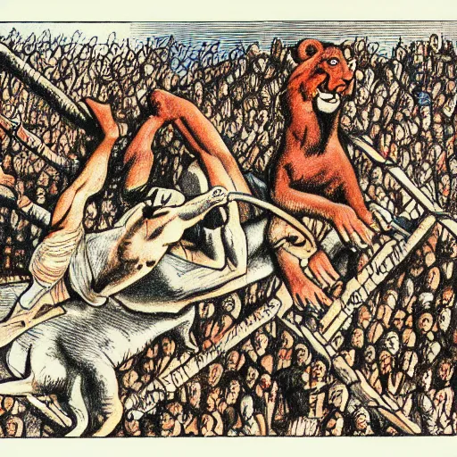 Prompt: hero wrestling against a lion in the middle of an arena, crowd of people, pencil art, added detail, high definiton, colored, aerial view