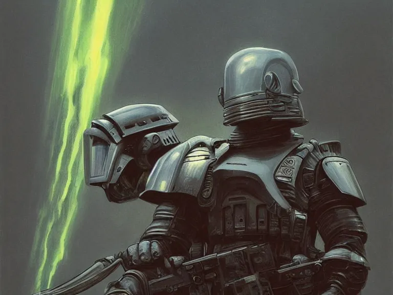 Image similar to a detailed profile painting of an elite shock trooper in polished armour and visor. cinematic sci-fi poster. Cloth and metal. Welding, fire, flames, samurai Flight suit, accurate anatomy portrait symmetrical and science fiction theme with lightning, aurora lighting clouds and stars. Clean and minimal design by beksinski carl spitzweg giger and tuomas korpi. baroque elements. baroque element. intricate artwork by caravaggio. Oil painting. Trending on artstation. 8k