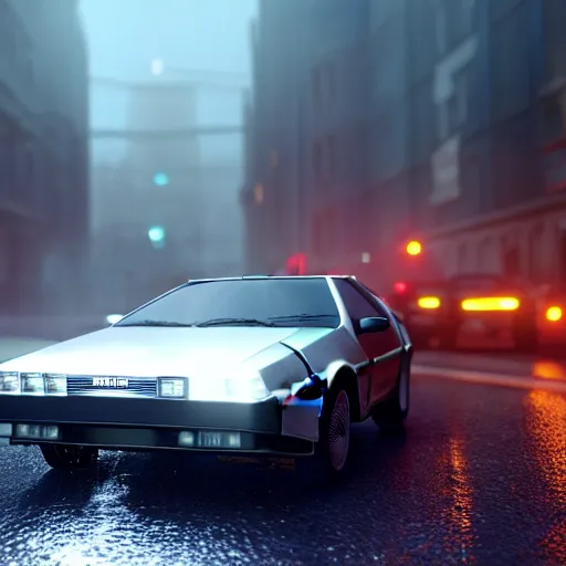 Image similar to hyperdetailed, photorealistic photograph of a dmc 1 2 delorean driving in the streets, rain, night, dense fog, hd, unreal engine 5