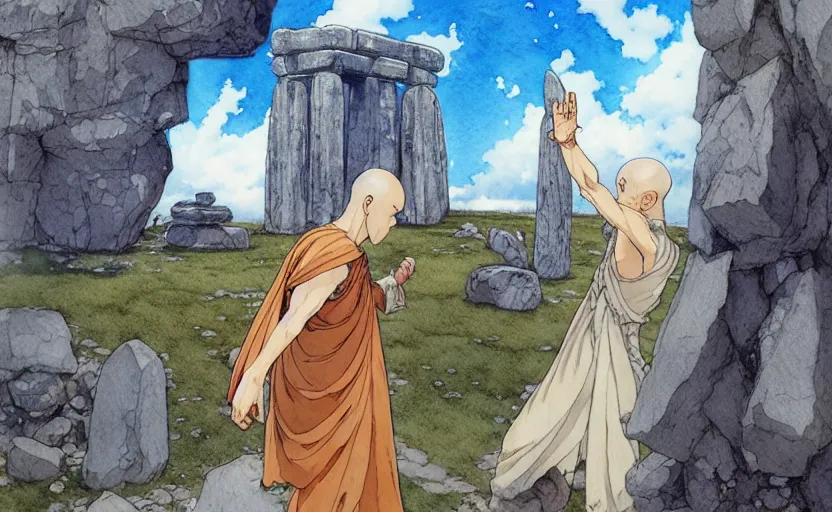 Image similar to a realistic anime watercolor fantasy concept art of a giant monk with a big forehead and a grey robe raising his hand to the sky in stonehenge. in the background several immense stones are floating in the air. by rebecca guay, michael kaluta, charles vess