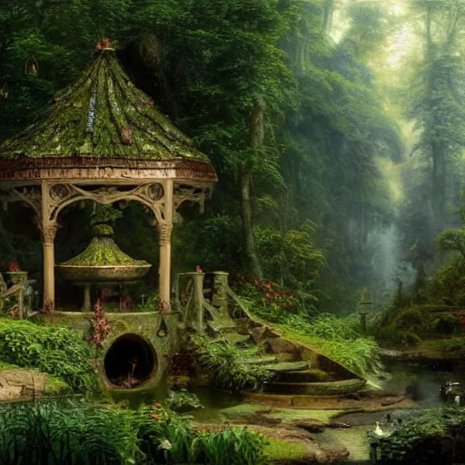 Image similar to a beautiful and highly detailed matte painting of a magical wishing well in a fantasy garden in a lush forest deep in the mystical mountains, intricate details, epic scale, insanely complex, 8 k, sharp focus, hyperrealism, very realistic, by caspar friedrich, albert bierstadt, james gurney, brian froud,