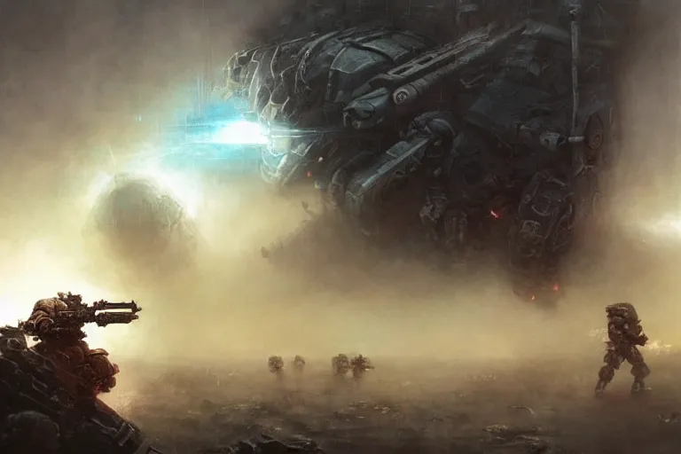 Image similar to futuristic battlefield, warhammer, space marines portrait, gloomy, epic, digitally painted by beksinski, centered, golden ratio