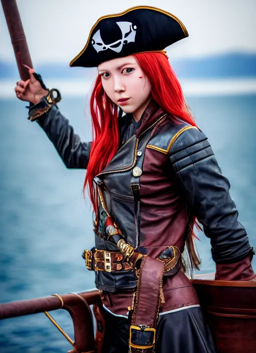 Image similar to photo of a pirate girl on a ship, leather jacket, fantasy, professionally color graded, interesting angle, sharp focus, 8 k high definition, insanely detailed, intricate, cunning, art by stanley lau and artgerm