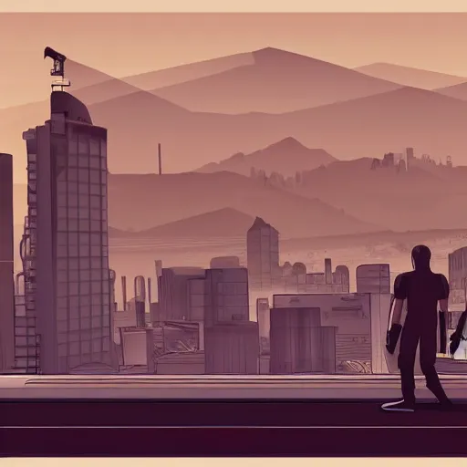 Image similar to a dusty hazey gta 5 loading screen day with smog and factory smoke, drawn in sharp vectors in a stylish modern hand drawn artist, trending on artstation, featured on deviantart