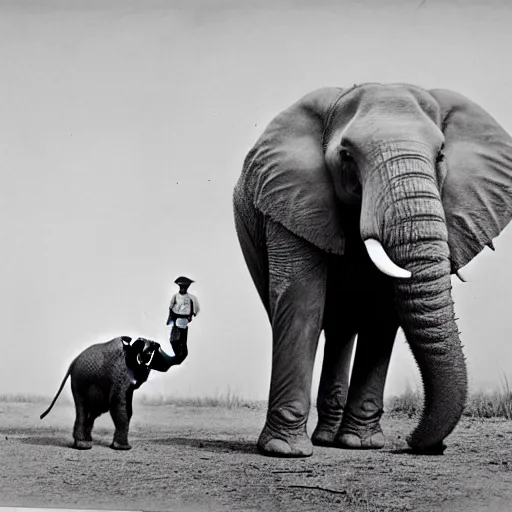 Image similar to an extremely detailed photo by john l. gaunt of a small boy standing next to an elephant with an extremely long trunk