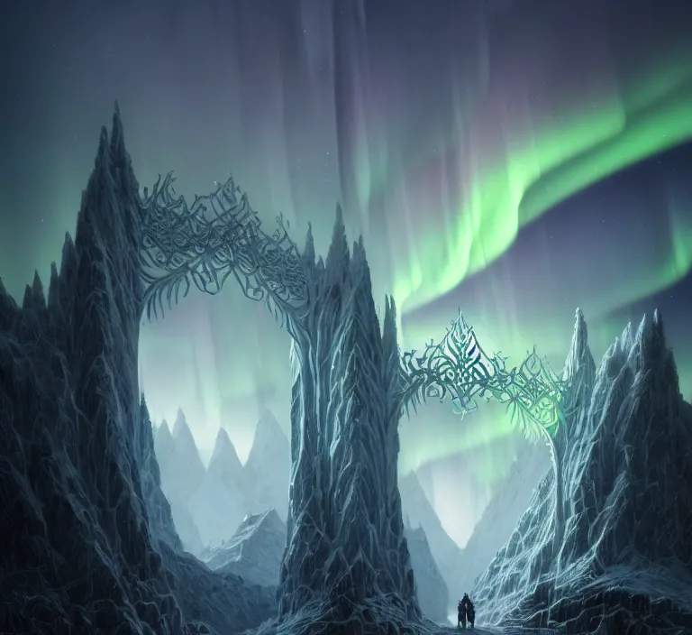 Image similar to a very detailed concept art of intricate and well designed white gates to misty mountains, infused with aurora borealis by greg rutkowski, dynamic lighting trending on artstation, symmetry, digital art, 4 k, hyper realistic, octane render, sharp focus