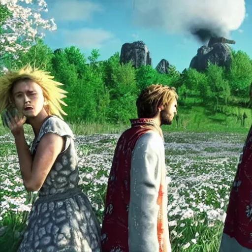 Prompt: a still from the movie midsommar made from a screenshot of the game okami