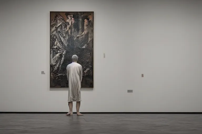 Image similar to back view of a man wearing crumpled robe standing in front of the painting in the minimalist art gallery, retrofuturism, symmetry, highly detailed, high sharpness, modern sci - fi movie, by beksinski and rutkowski