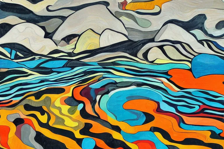 Image similar to A wild, insane, modernist landscape painting. Wild energy patterns rippling in all directions. Curves, organic, zig-zags. Mountains. Clouds. Rushing water. Waves. LSD. DMT