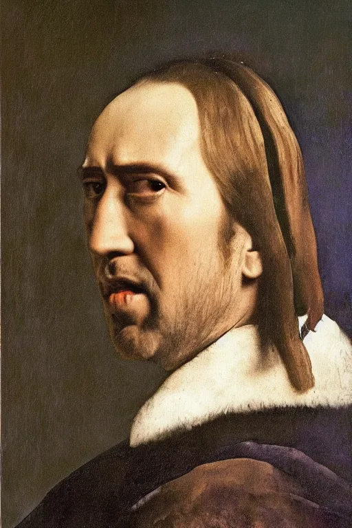 Prompt: portrait of Nicholas Cage by Johannes Vermeer, epic lighting