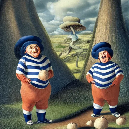 Prompt: detailed matte painting of twin brothers tweedledee and tweedledum, they are fat and wearing blue and white striped sailor clothes, standing in front of a wonderland mushroom forest, by salvador dali, 8 k resolution