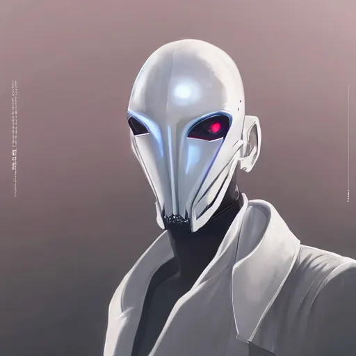 Prompt: portrait of a character with many robotic eyes, wearing sleek clothes, wearing a flowing white tailcoat, wearing a futuristic insectoid armored white mask with five circular lenses for eyes, the mask covers his entire face, many eyes, dramatic lighting, illustration by Greg rutkowski, yoji shinkawa, 4k, digital art, concept art, trending on artstation