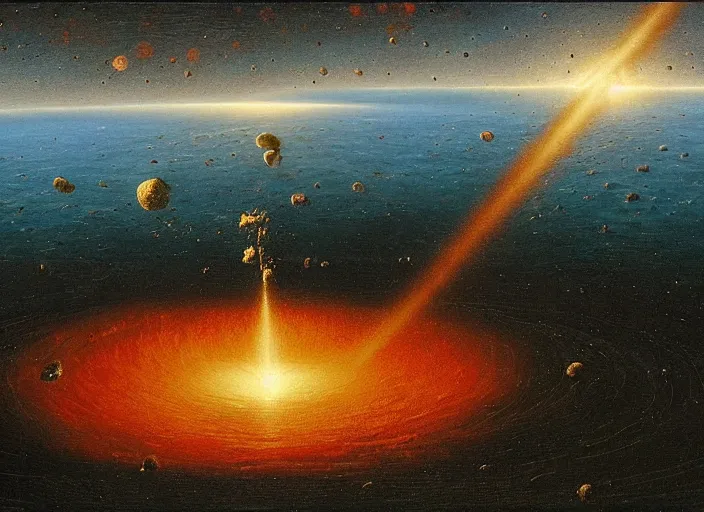 Image similar to earth during the cretaceous – paleogene extinction event, just as the asteroid is colliding with earth, the asteroid later forms the chicxulub crater, seen from space, in the style of hudson river school of art, oil on canvas