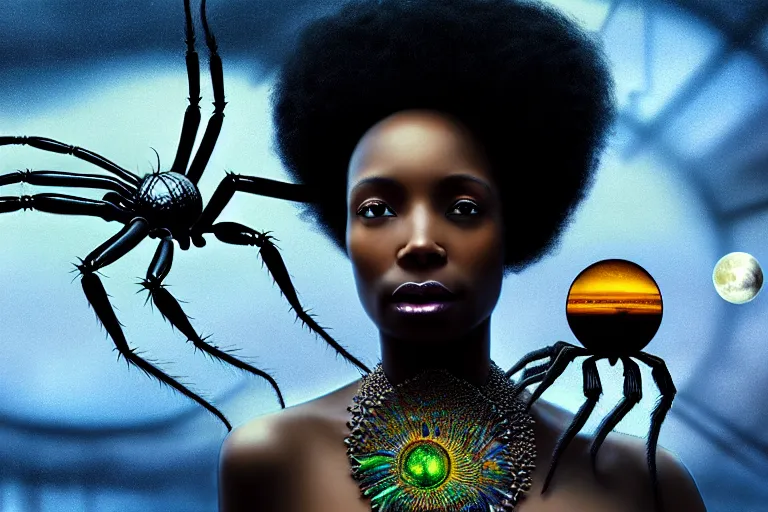 Image similar to realistic detailed photorealistic film portrait shot of a beautiful black woman with a giant spider, sci - fi city landscape background by denis villeneuve, amano, yves tanguy, alphonse mucha, ernst haeckel, max ernst, andrei tarkovsky, edward robert hughes, roger dean, necklace, dynamic pose, rich moody colours, wide angle, blue eyes