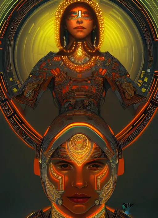 Image similar to symmetry!! portrait of aztec warrior, tech wear, glowing lights!! intricate, elegant, highly detailed, digital painting, artstation, concept art, smooth, sharp focus, illustration, art by artgerm and greg rutkowski and alphonse mucha