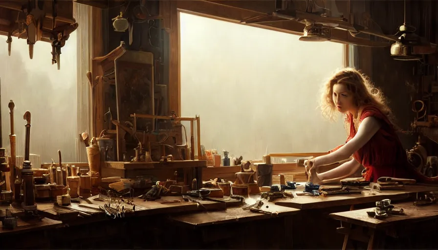 Image similar to highly detailed oil painting | very intricate | cinematic lighting | award - winning | craftsman | building a piece of furniture in their workshop | beautiful cinematic light, american romanticism, by huang guangjian, gil elvgren, ruan jia, randy vargas, greg rutkowski, artstation, cgsociety, official art, octane