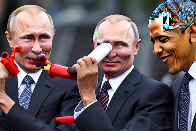 Prompt: barrack Obama and Vladimir Putin holding water guns to each other’s heads while smiling and crying, 8K New York Times Photography TMZ