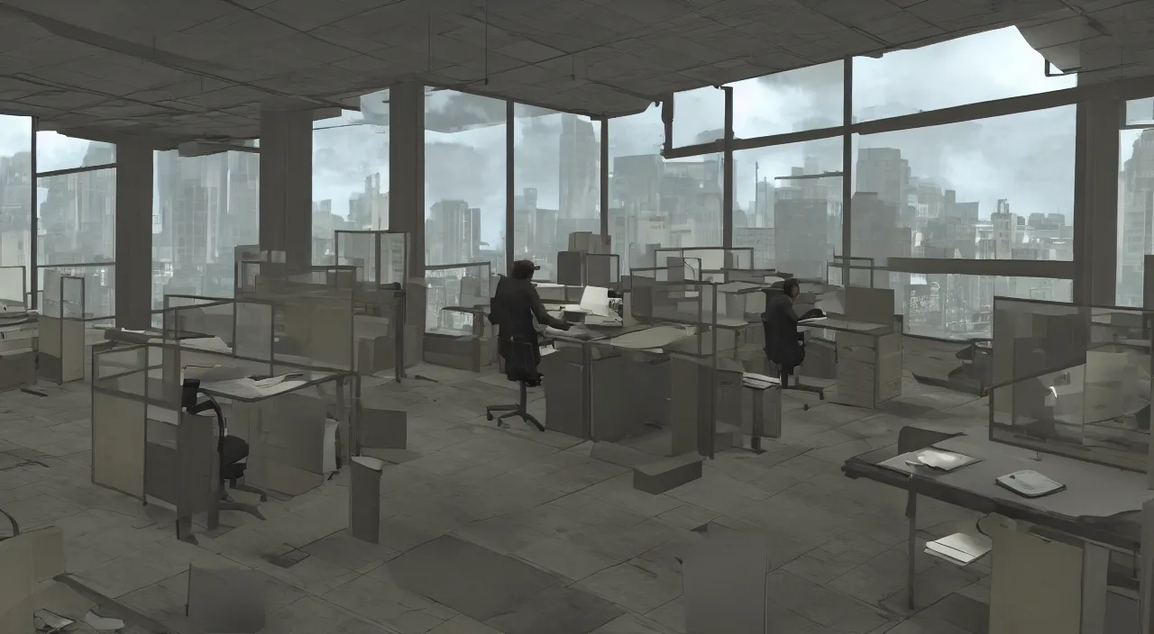 Image similar to A man in the office at 3AM with multiple cubicles and a window that provides a view of the city, Source Engine, Gmod, Half Life 2