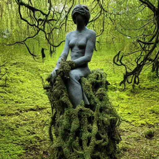 Image similar to A stone statue of a woman covered in vines and moss, hidden in the forest, absurdist art, trees