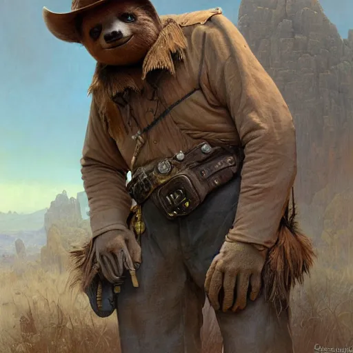 Image similar to detailed concept art of a sloth dressed as an old west prospector, artstation, award - winning realistic concept art by jim burns and greg rutkowski, beksinski, a concept art masterpiece, red color palette, james gilleard, bruegel, alphonse mucha, and yoshitaka amano.