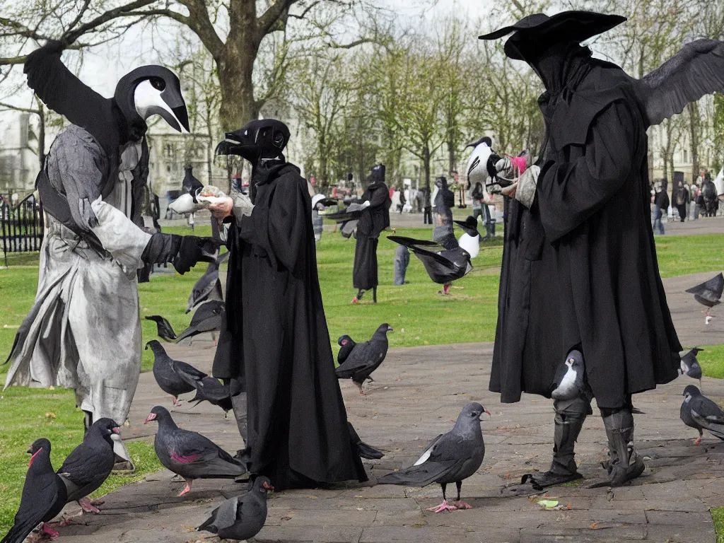 Prompt: plague doctor in the park feeding pigeons