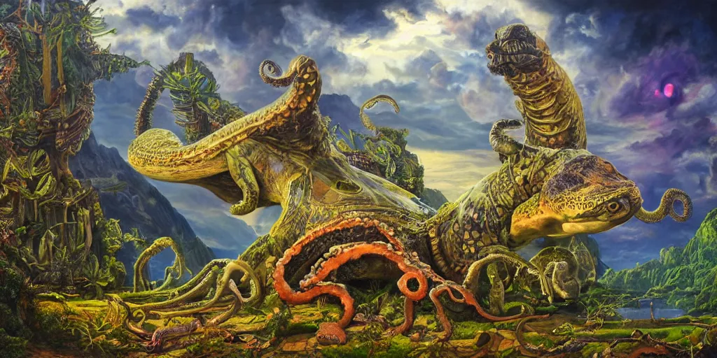 Image similar to fantasy oil painting, great leviathan, cybernetic turtle cephalopod terrapin reptilian pachyderm squid, bella hadid, hybrid, milla jovovich, anubis, epic natural light, lush plants flowers, spectacular mountains, bright clouds, luminous sky, outer worlds, golden hour, michael cheval, edward hopper, michael whelan, vray, hd