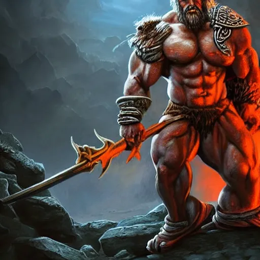 Prompt: a body builder barbarian from diablo, artstation hall of fame gallery, editors choice, #1 digital painting of all time, most beautiful image ever created, emotionally evocative, greatest art ever made, lifetime achievement magnum opus masterpiece, the most amazing breathtaking image with the deepest message ever painted, a thing of beauty beyond imagination or words, 4k, highly detailed, cinematic lighting