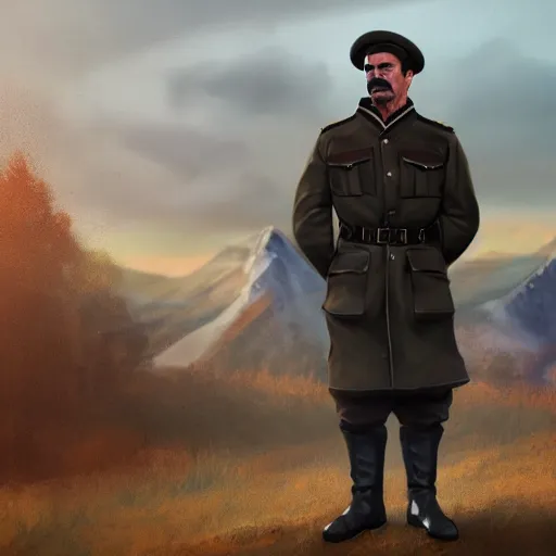 Prompt: fullbody of standing tom selleck, wearing simple russian ww 1 clothes and blue pants in black fur beanie, russian villages at background, style ivan talavera and artgerm, radiant lighting, hyper realistic, photorealistic, octane render, trending on artstation, cgsociety, cinematic light, global illumination, high detailed tom selleck face