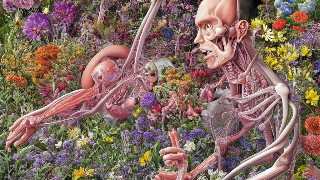 Image similar to highly detailed illustration of a human anatomy body exploded by all the known species of flowers by juan gatti, by makoto shinkai, by moebius!, by oliver vernon, by joseph moncada, by damon soule, by manabu ikeda, by kyle hotz, by dan mumford, by kilian eng