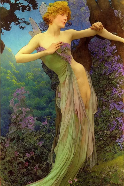 Image similar to a beautiful faerie wearing a silk dress, in a lord of the rings scenery landscape, detailed, rainbowshift, by maxfield parrish, alphonse mucha, brian froud