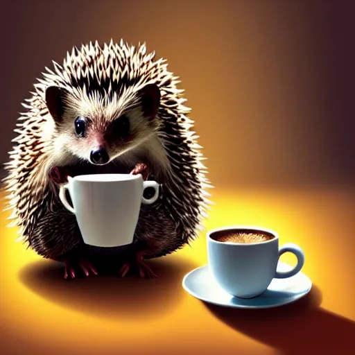 Image similar to hedgehog drinking coffee reading a paper, amazing, beautiful, perfect eyes, full body shot, portrait, vivid colors, elegant, concept art, sharp focus, digital art, Hyper-realistic, 4K, Unreal Engine, Highly Detailed, HD, Dramatic Lighting by Brom, trending on Artstation