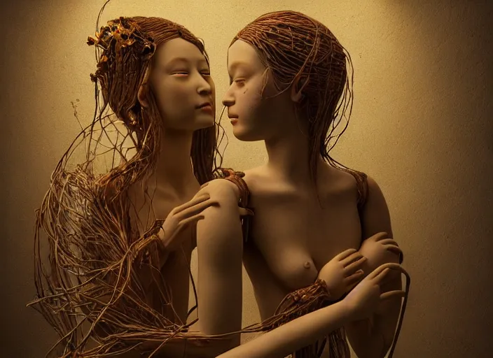 Image similar to a cinematic portrait of a beautiful female jointed handmade wooden doll, holding each other, abandoned, surrounded by big moths and withered lilies, by james c. christensen, by tomasz alen kopera, by raphael, 8 k, rendered in octane, cinematic, 3 d, volumetric lighting, highly detailed