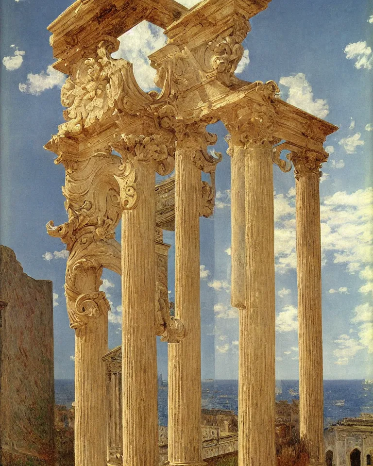 Image similar to achingly beautiful painting of intricate ancient roman corinthian capital on sherbet background by rene magritte, monet, and turner. giovanni battista piranesi.