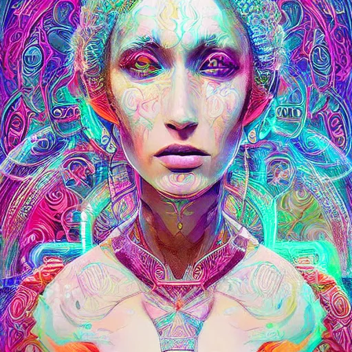 Image similar to portrait of a beautiful goddess future metaverse angel Ayahuasca tech shaman warrior, 2D cartoon, visionary art, symmetric, Magick symbols, holy halo, shipibo patterns, sci-fi, concept art, trending on art station, 8k digital art, by Mandy Jurgens, fantasy portrait art, anime