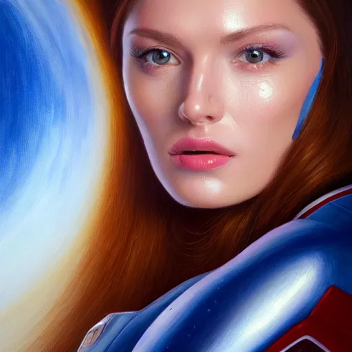 Image similar to portrait of very beautiful woman with a large obvious scar across her cheek and lips, very very beautiful, wearing futurist spacesuit space armor, Alexandria's genesis, chin-length hair, bored, illustration, soft lighting, soft details, hyper realism, high detailed, painting oil on canvas by mark arian by artgerm, trending on artstation, 4k, 8k, HD