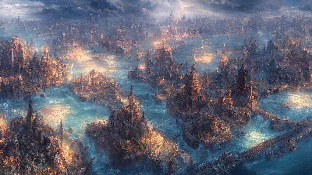 Prompt: A large Fantasy city in the middle of the ocean, trending artstation, 8k, highly detailed, matte painting, concept art