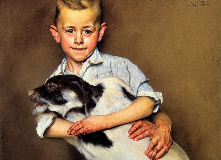 Prompt: high quality high detail painting by norman rockwell, hd, young boy with dog, muted pastel colors, photorealistic lighting