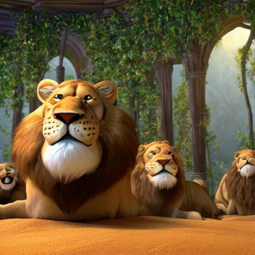 Image similar to Man in Biblical clothing in the middle of a den of ferocious lions as seen in Disney Pixar's Up (2009)