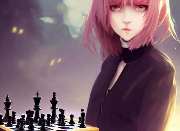 Image similar to a pale girl playing chess, with golden eyes, straight sky blue hair, long bangs, black jacket, high collar, concept art, award winning photography, digital painting, cinematic, by wlop, anime key visual, wlop, 8 k, by ross tran, chengwei pan, paul kwon,