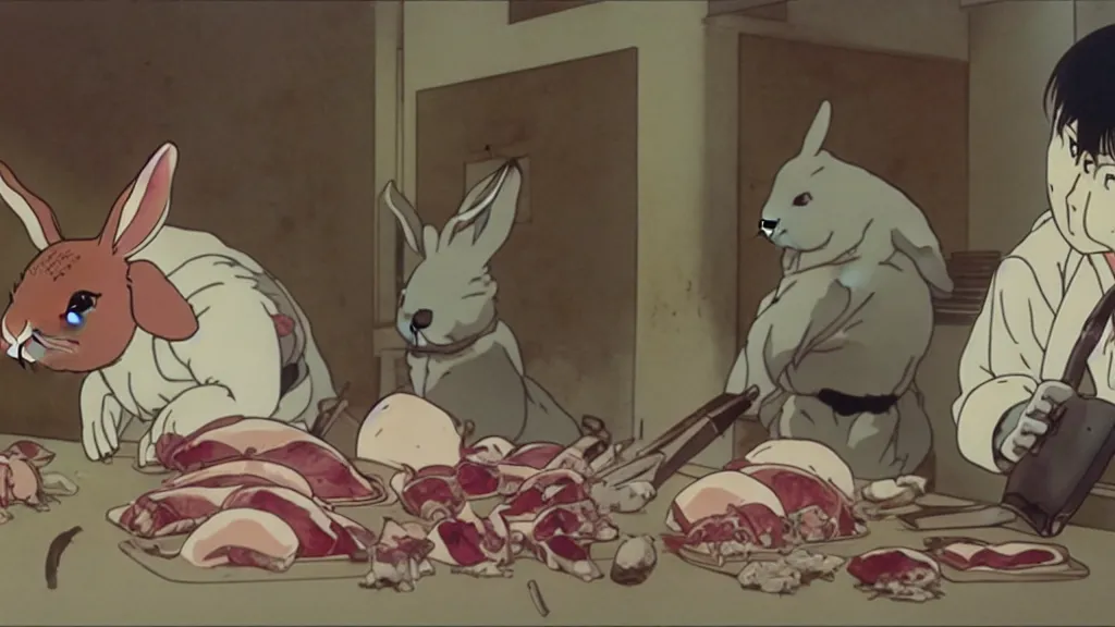 Image similar to a rabbit being butchered, anime film still from the an anime directed by Katsuhiro Otomo with art direction by Salvador Dalí, wide lens