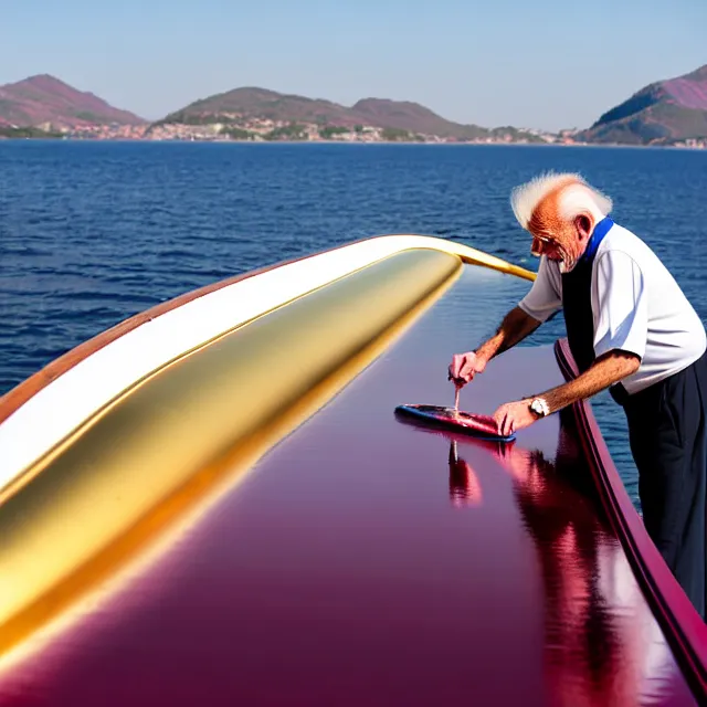 Image similar to wrinkled hunchbacked old man in musty burgundy suit, polishing painting the side of a huge gold plated mega yacht with a cloth, maintenance photo