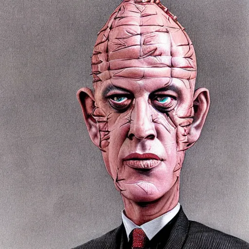 Image similar to benjamin netanyahu as pinhead from hellsraiser, highly detailed, by wayne barlowe