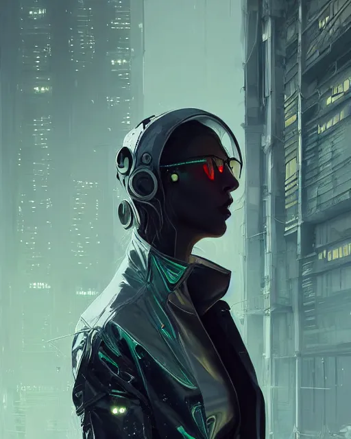 Prompt: detailed portrait European Pretty Luxury Corporation Girl cyberpunk futuristic gloomy neotokyo Reflective jacket coat, Tight fit elegant Futuristic sci-fi fashion by ismail inceoglu dragan bibin hans thoma greg rutkowski Alexandros Pyromallis Nekro Rene Margitte illustrated Perfect face, fine details, realistic shaded, fine-face, pretty face