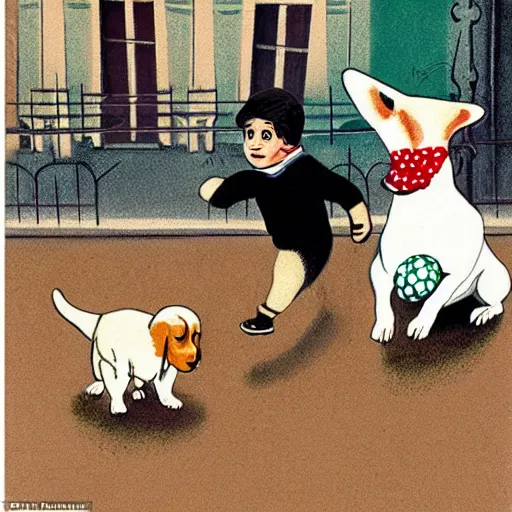 Image similar to book illustration of a french boy on the streets of paris playing football against a corgi, the dog is wearing a polka dot scarf, 1 9 6 6