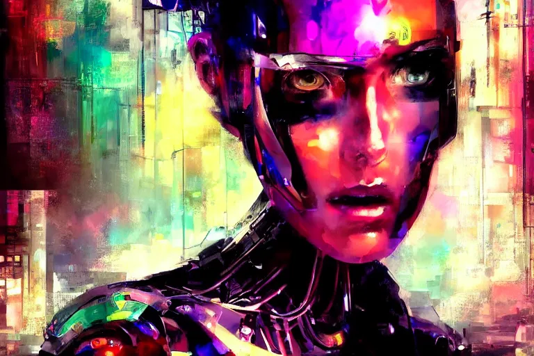 Prompt: cyberpunk robot cyborg portrait art scifi car in the background by yossi kotler, soft lighting, beautiful, smooth, pastel colors