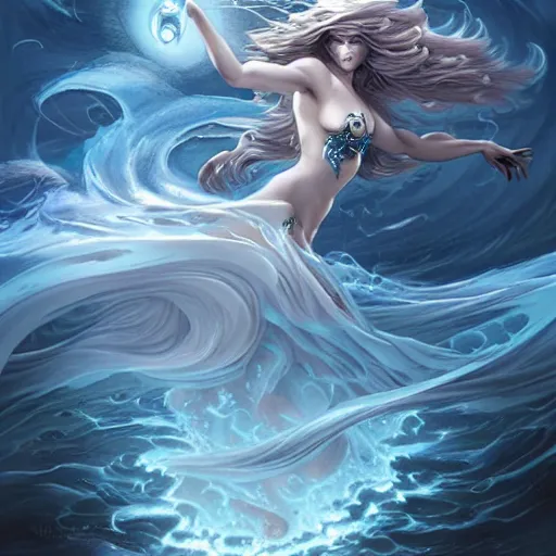 Image similar to powerful goddess of water fully clothed in a dress of swirling water striding through a stormy sea, highly detailed matte fantasy painting, stormy lighting, by Ross Tran and Artgerm and Peter Mohrbacher