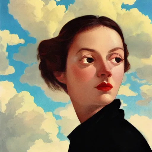 Prompt: close up of the face of beautiful woman, clouds in background, dramatic lighting, painting by neo rauch, highly detailed