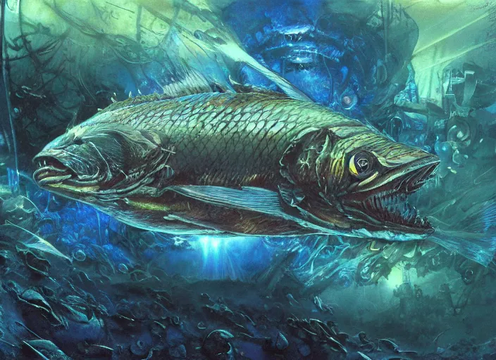 Image similar to pike fish with glowing blue eyes, cybernetic, electronic, glowing veins subsurface scattering, deep sea underwater photography, by gerald brom, by mikhail vrubel, by peter elson, muted colors, extreme detail, trending on artstation, 8 k